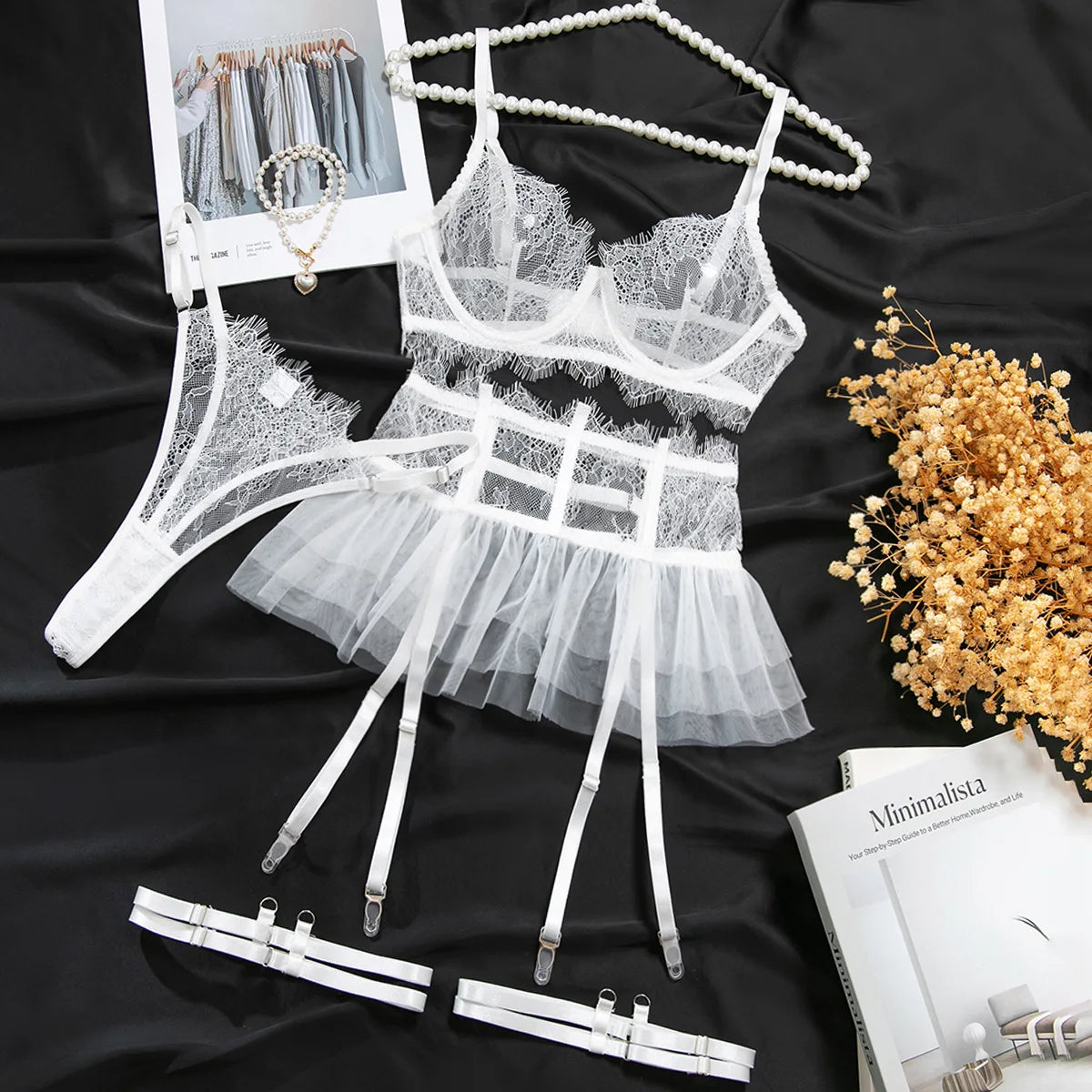 Women's 4Pcs Sexy Lingerie Set Sheer Eyelash Lace Bra Tulle Garter Skirt Thigh Strap Thong Boudoir Soft Intimate Underwear