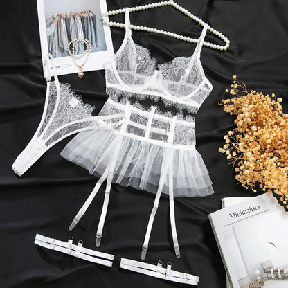 Women's 4Pcs Sexy Lingerie Set Sheer Eyelash Lace Bra Tulle Garter Skirt Thigh Strap Thong Boudoir Soft Intimate Underwear