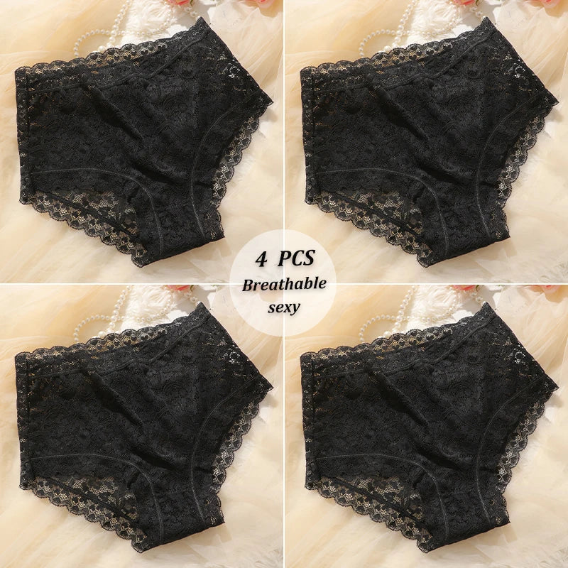 4PCS/SET See Through Lace Panties Women High Waist Full Hip Breathable Underwear Multi Color Skin-Friendly Intimate Lingerie New