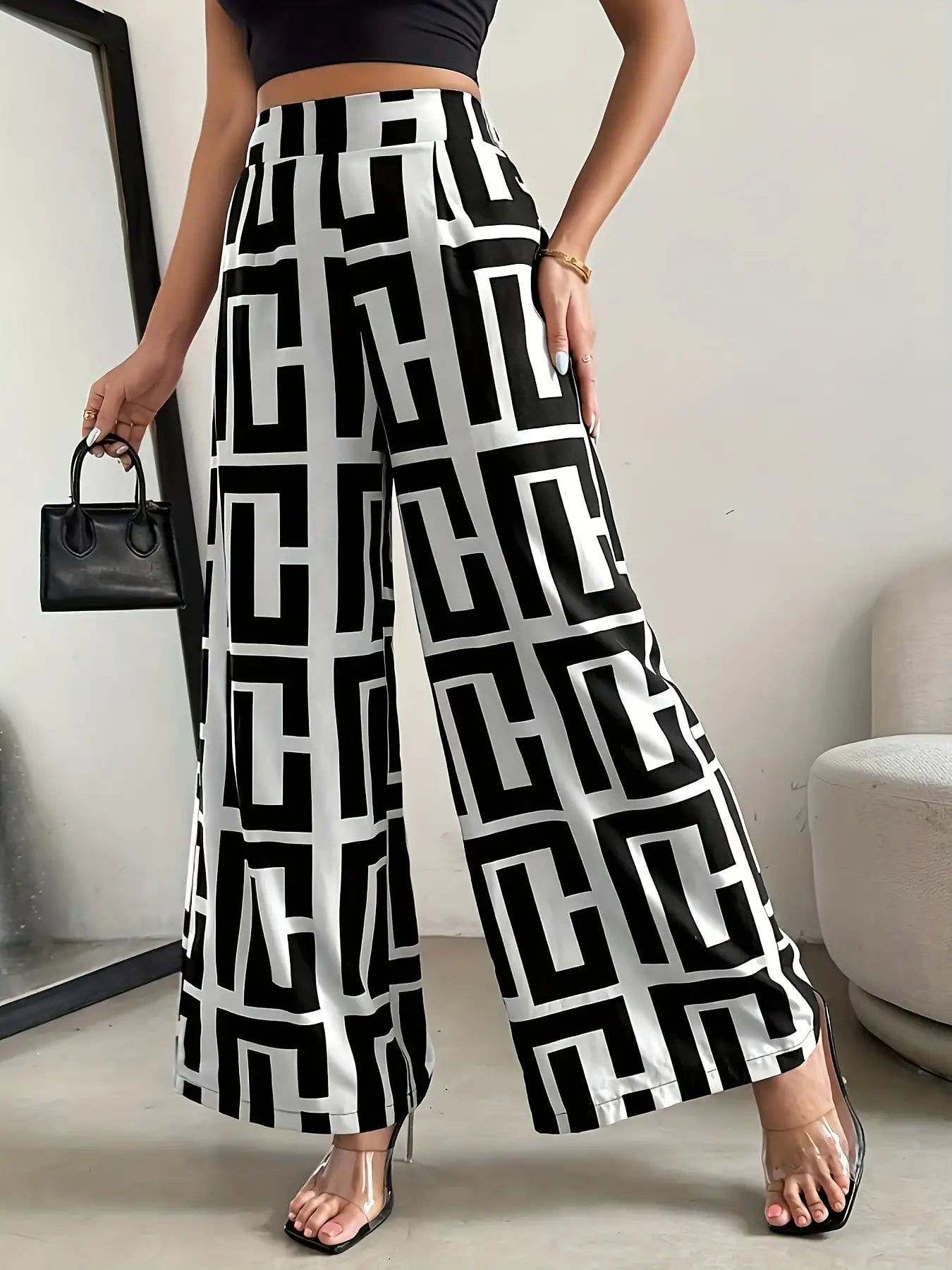 2026 Casual and Elegant Bohemian Style Wide Leg Elastic Waist Dual Color Checkered Printed Loose Pants Wide Leg Pants