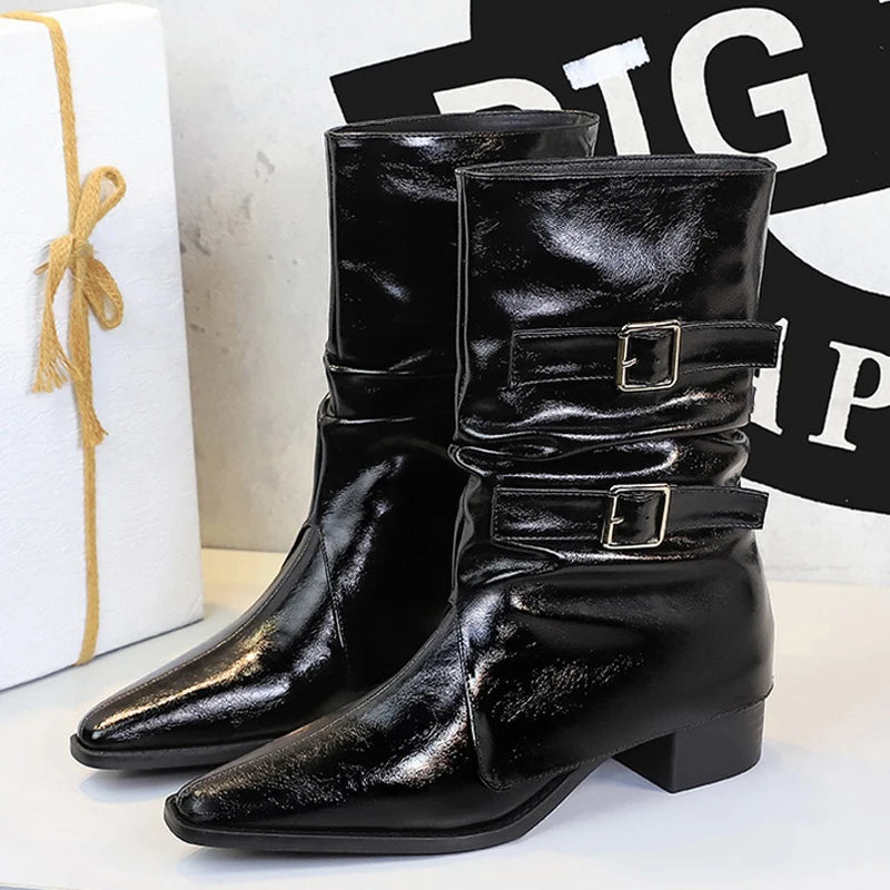 Retro Pointed Western Cowboy Boots For Women Belt Buckle Design Mid-Calf Boots Chunky Heel Leather Boots Women Knight Boots 2026