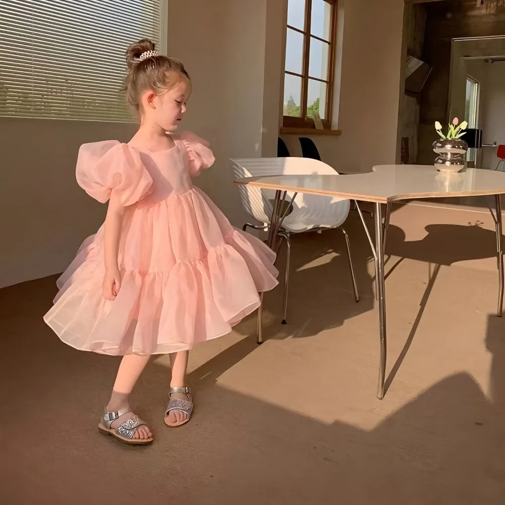 2026 Summer Girls Puff Sleeve Mesh Princess Dresses Sweety Bow Kids Wedding Clothing 1-10years Old Baby Girls Birthday Party Dre
