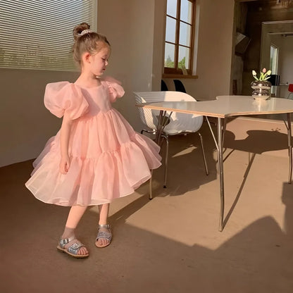 2026 Summer Girls Puff Sleeve Mesh Princess Dresses Sweety Bow Kids Wedding Clothing 1-10years Old Baby Girls Birthday Party Dre