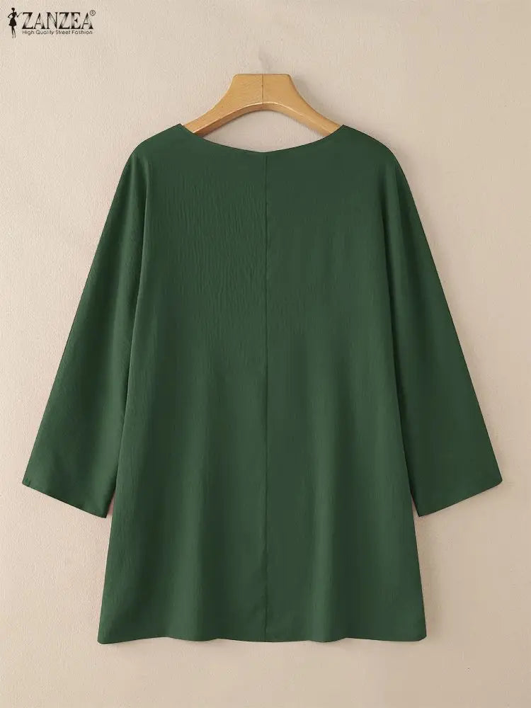 ZANZEA 2025 Autumn 3/4 Sleeve Blouses Women Casual V-Neck Solid Color Slit Hem Long Blouse Loose Everyday Wear 3 Colors S-3XL