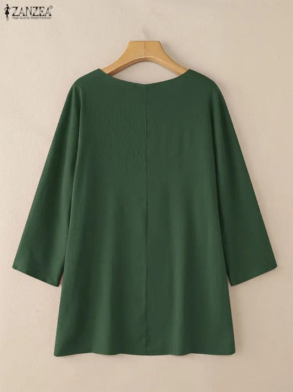 ZANZEA 2025 Autumn 3/4 Sleeve Blouses Women Casual V-Neck Solid Color Slit Hem Long Blouse Loose Everyday Wear 3 Colors S-3XL