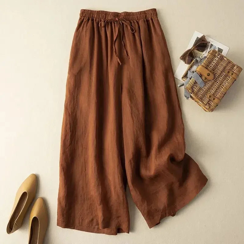 Black Cotton Linen Casual Elastic High Waist Loose Women's Pants Korean Fashion Wide Leg Ankle-Length Pants For Women 2025