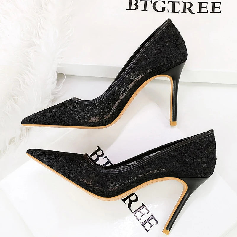 BIGTREE Shoes Women Pumps Black Lace High Heels Sexy Party Shoes 9 cm Stiletto Heels Nightclub Banquet Shoes Women Heels Size 43
