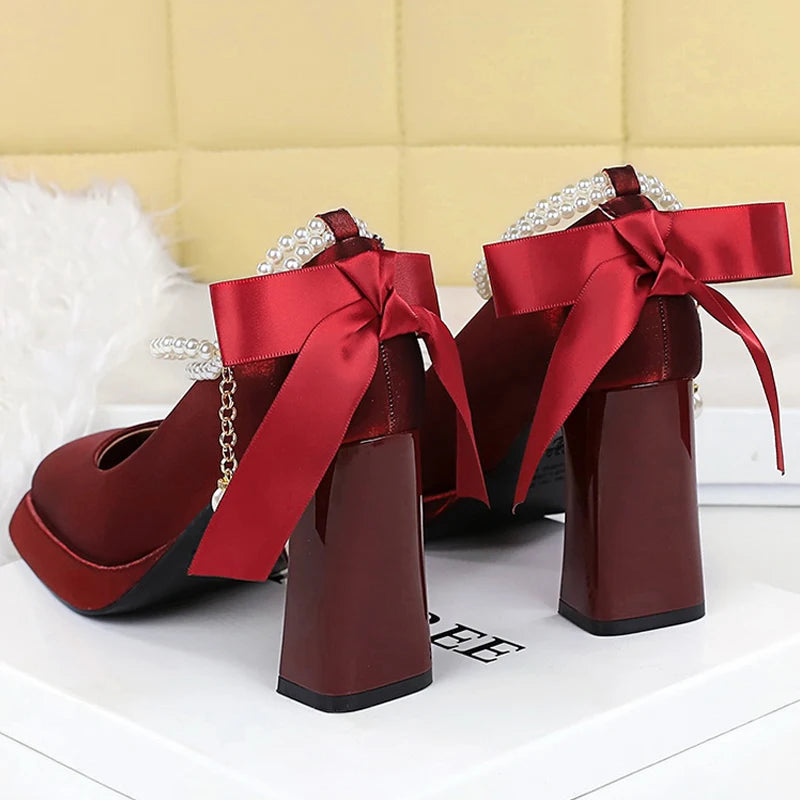 BIGTREE Shoes Pearl Chain Design Women Pumps Bowknot Silks Satins Platform High Heels Square Head Thick Heeled Shoes Women Heels