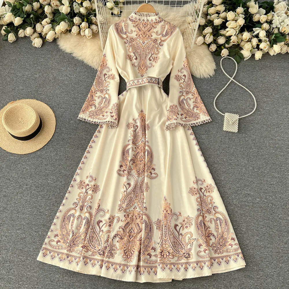 Spring Autumn Women's Dress Vintage Long Sleeve Print Floral High Waist Boho Party Maxi Vestidos Elegant Luxury Long Dresses