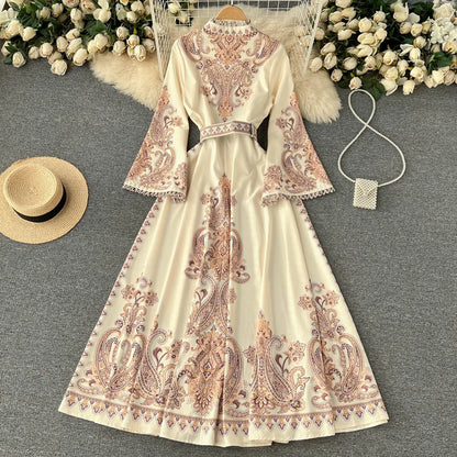 Spring Autumn Women's Dress Vintage Long Sleeve Print Floral High Waist Boho Party Maxi Vestidos Elegant Luxury Long Dresses