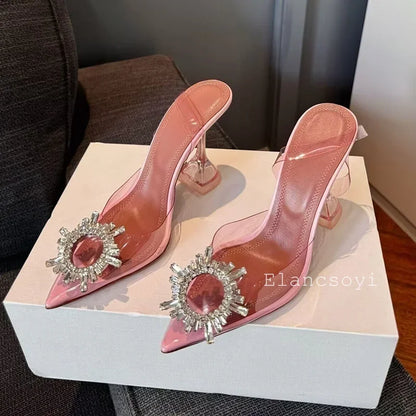 Summer Crystal Flower High Heels Women Transparent PVC Cup Heels Sandals Pointed Toe Back Strap Sandalias Sexy Party Dress Shoes