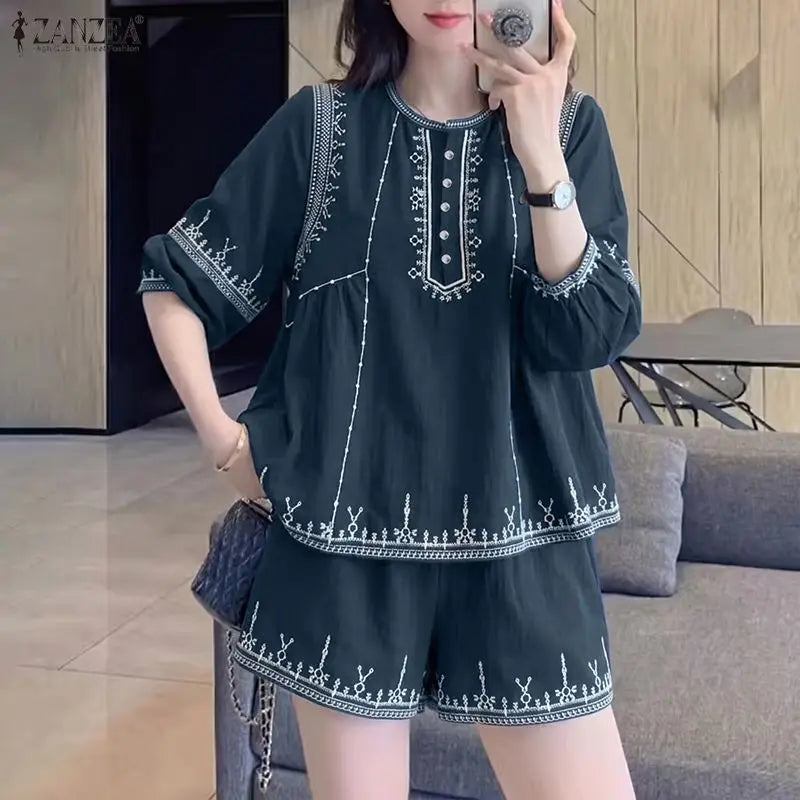 ZANZEA Women 2 Pieces Matching Short Sets 3/4 Puff Sleeve Blouses & Elastic Waist Shorts Suits Summer Vacation Ethnic Print Sets