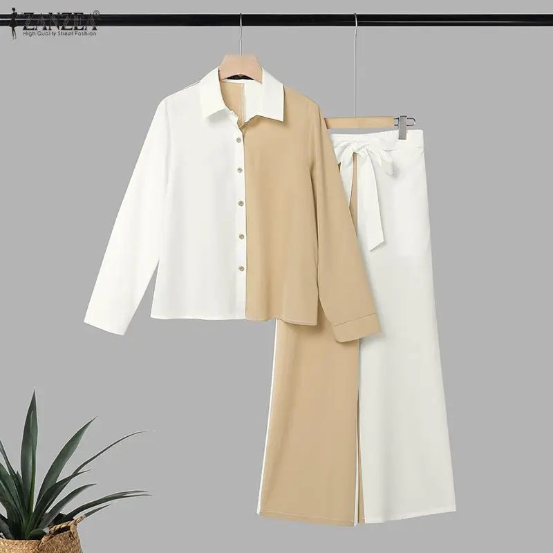 ZANZEA Fashion Women Matching Sets Autumn Chic Color-Blocking Office Outfits Long Sleeve Shirt Belted Wide Leg Pant Sets 2 Piece