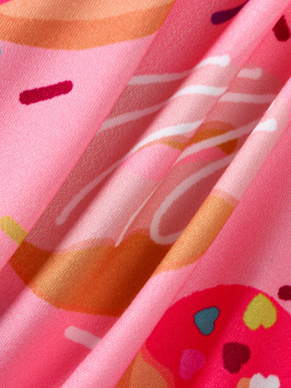 Pink Donut Print round Neck Short Sleeve Dress for Girls Cute Full Print Girl's Dress