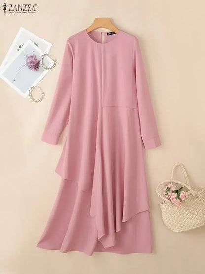 2026 ZANZEA Ramadan Robe Modest Elegant Muslim Abaya Dress Women Spring Long Sleeve Dresses Irregular Sundress IsIamic Clothing