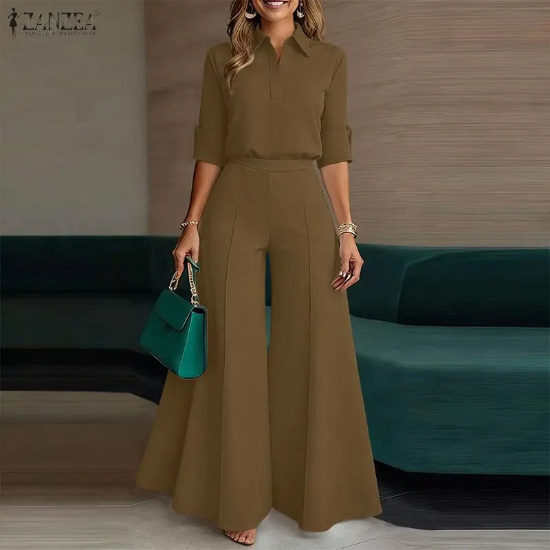 ZANZEA Elegant Woman Pant Suits Half-Button Long Sleeve Shirt & Wide Leg Pant 2 Pieces Sets Women's Casual Office Wear Outfits