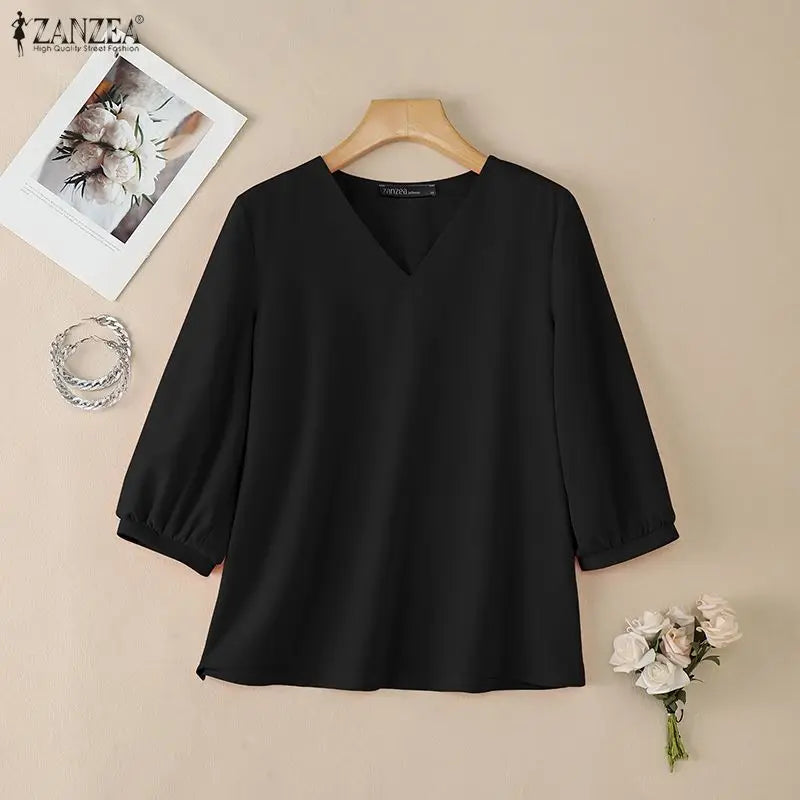 ZANZEA Summer Woman Elegant Daily Casual Blouses 3/4 Puff Sleeve V-Neck Solid Color Blusas de Mujer Minimalist Day Wear Tops