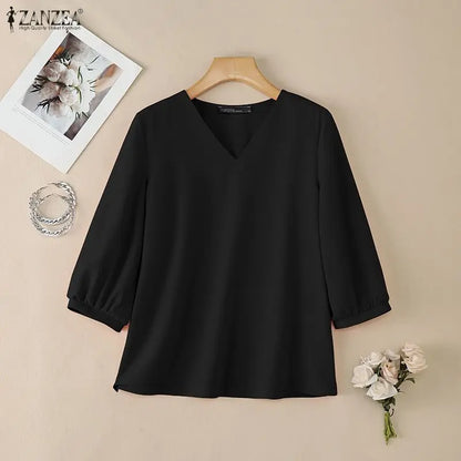 ZANZEA Summer Woman Elegant Daily Casual Blouses 3/4 Puff Sleeve V-Neck Solid Color Blusas de Mujer Minimalist Day Wear Tops