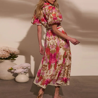 Women Casual Floral Print Bohemian Party Dress Chic Summer Lace-up Long Dress Ladies Elegant Single Breasted Shirts Dress 2025