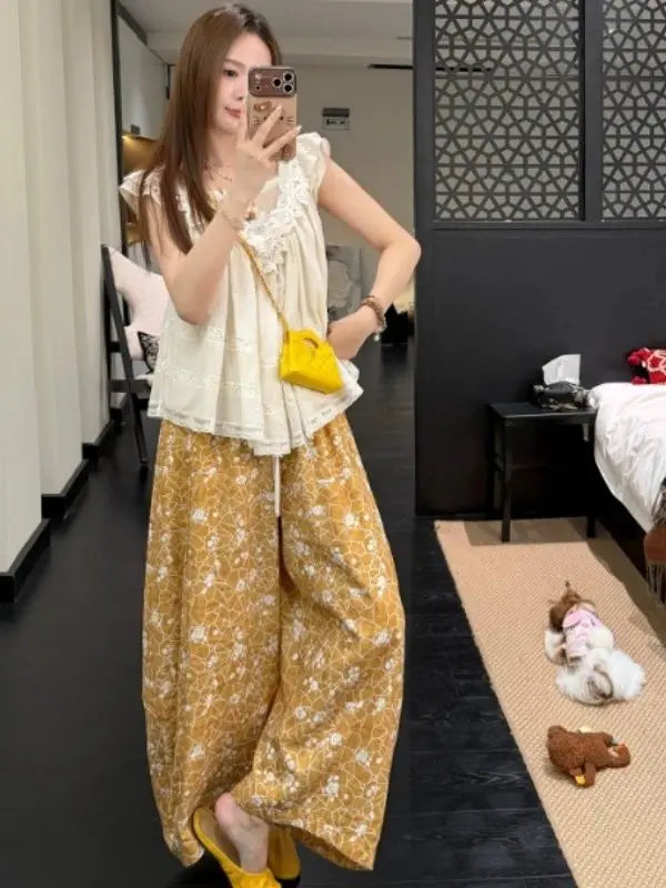 High Waist Chinese Style Printed Loose Slimming New Design Summer Knife- Pants Trendy Cotton Straight Leg Trousers