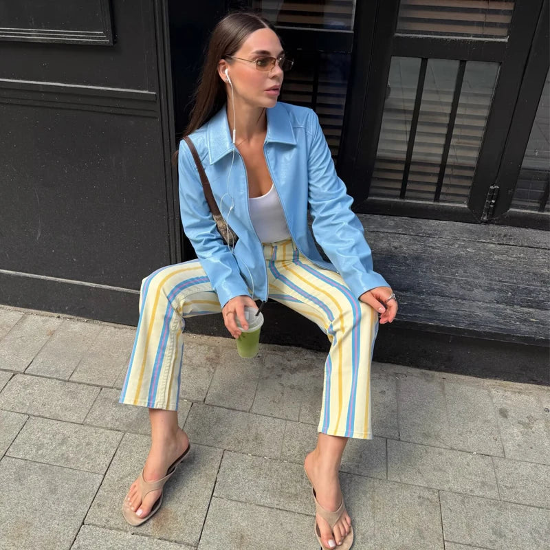 HXAO Striped Women's Jeans Straight Low Landing Jeans Woman Fitted Pocket Flared Jeans Summer Casual Streetwear Denim Trousers