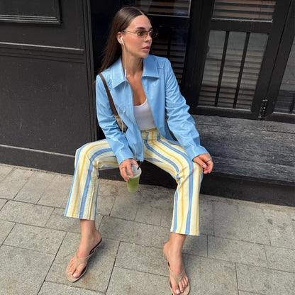 HXAO Striped Women's Jeans Straight Low Landing Jeans Woman Fitted Pocket Flared Jeans Summer Casual Streetwear Denim Trousers