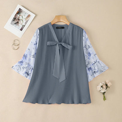 ZANZEA Women Elegant Plisse Blouses Floral Printed 3/4 Flared Sleeve Tops Summer Casual Loose Bow Detail V-Neck Blusas de Mujer