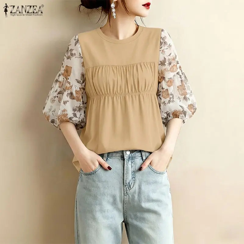 ZANZEA Women's Summer Elegant Blouses Floral Printed 3/4 Lantern Sleeve Patchwork Tops Feminine O-Neck Shirred Blusas de Mujer
