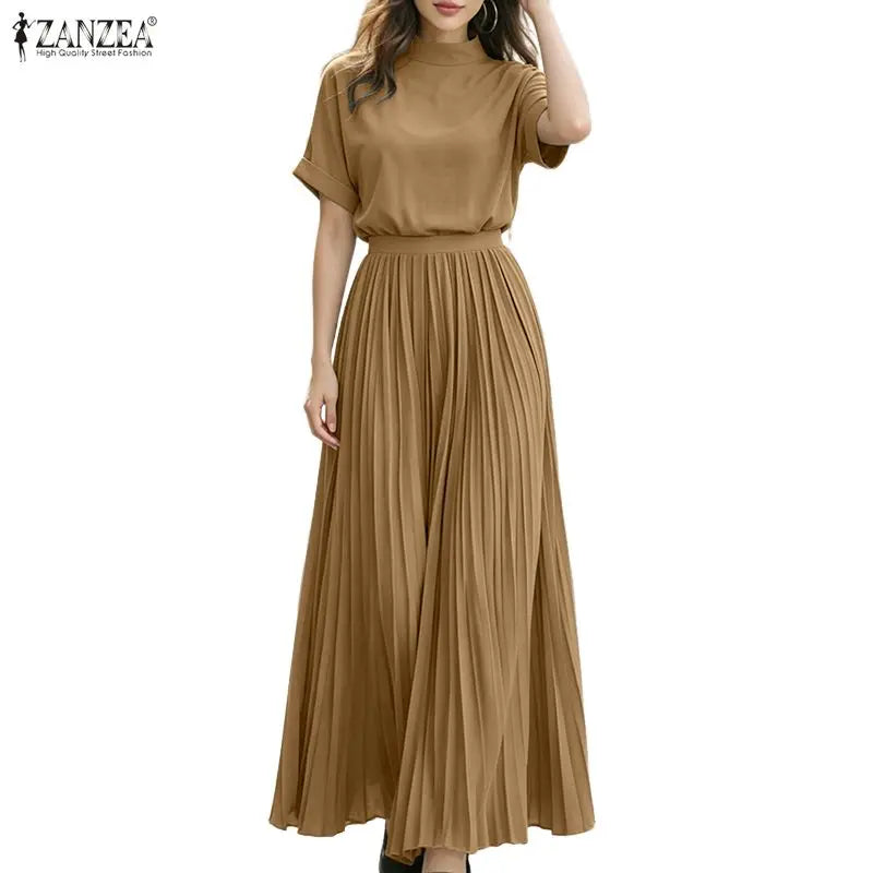 ZANZEA Women's Skirt Suits Mock Neck Short Sleeve Blouse & A-Line Pleated Maxi Skirt 2 Piece Sets Streetwear Skirt Sets Outfits