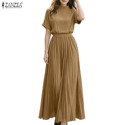 ZANZEA Women's Skirt Suits Mock Neck Short Sleeve Blouse & A-Line Pleated Maxi Skirt 2 Piece Sets Streetwear Skirt Sets Outfits