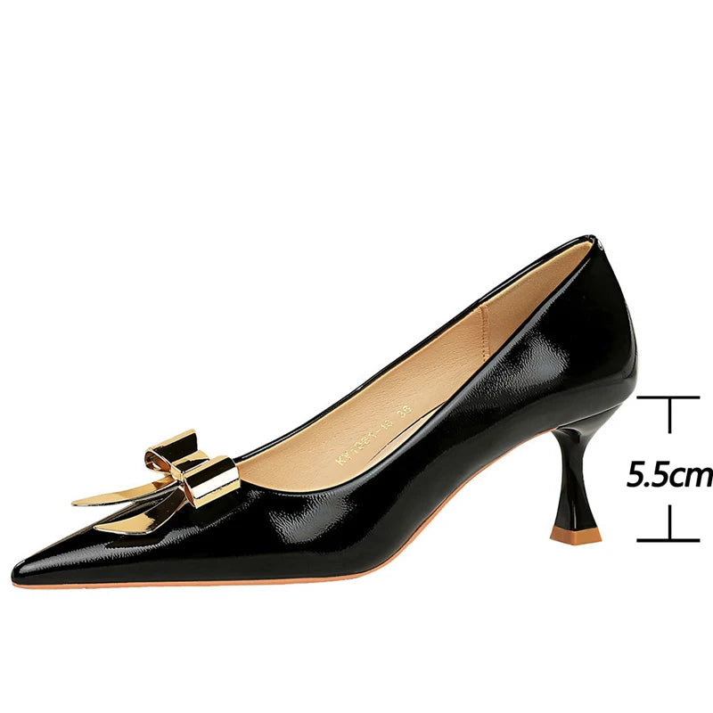 BIGTREE Shoes Metal Bowknot Women Pumps Patent Leather Kitten High Heels 5.5 Cm Comfortable Low Heeled Shoes Large Size 43