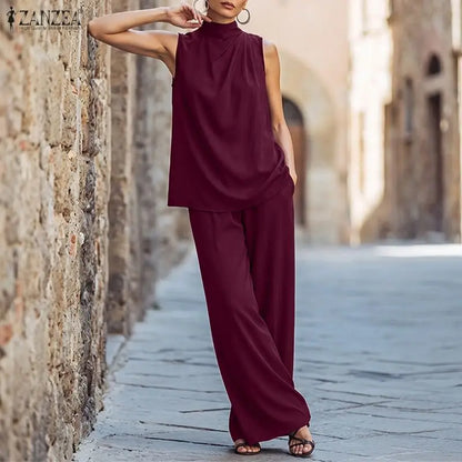 ZANZEA Women Minimalist 2pcs Matching Pant Sets Turtleneck Sleeveless Tops & Wide Leg Pants Suits Summer Commute 2 Piece Outfits