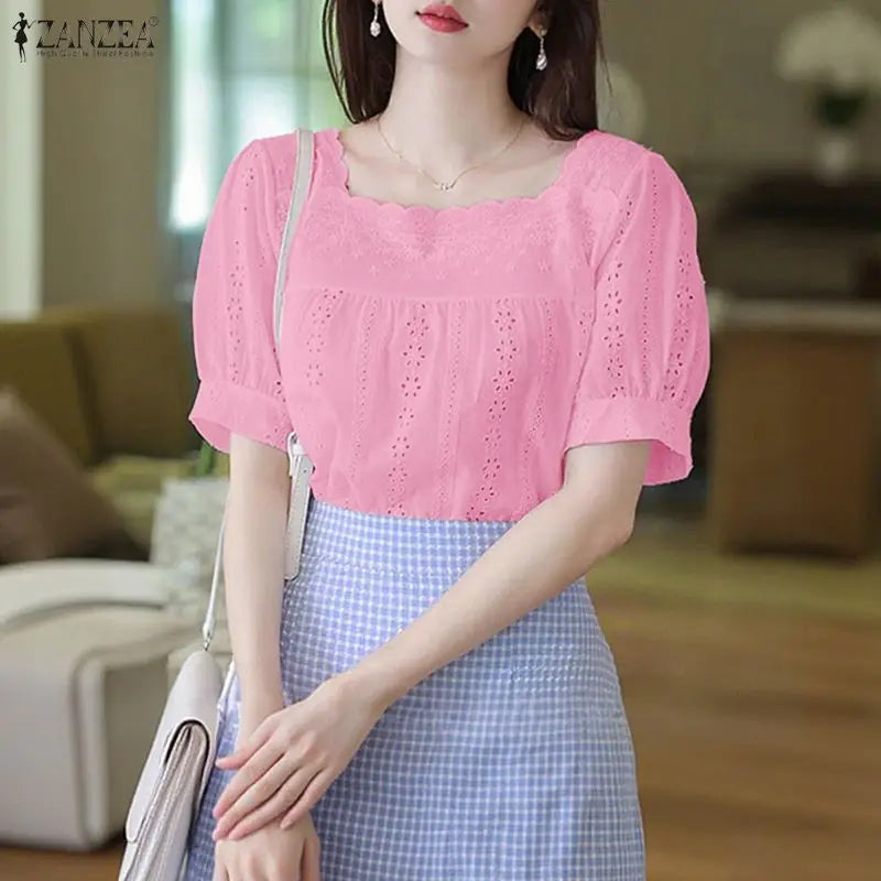ZANZEA Openwork Embroidered Blouses for Woman Elegant Lace Trim Square Neck Tops Summer Feminine Short Puff Sleeve Blusas Mujer
