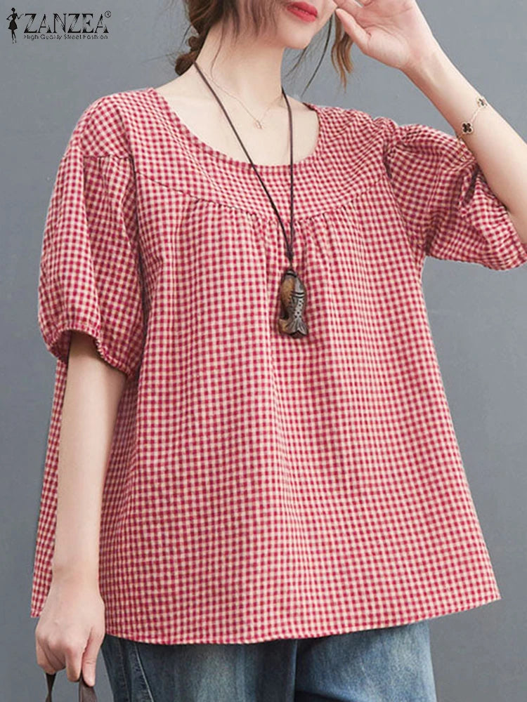ZANZEA Summer Vintage Women Casual Loose Shirt Baggy Plaid Checked Tops Tunic Fashion O Neck Short Sleeve Blouse Blusas Chemise