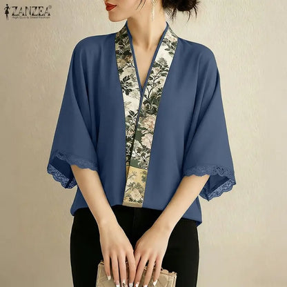 ZANZEA Vintage Floral Print Patchwork Kimonos Elegant V-Neck Lace Trim Half Sleeves Cardigan Tops 2026 Summer Open-Front Shirts