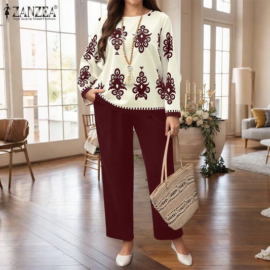 Plus Size Sets ZANZEA 2026 Autumn Women Elegant Pants Sets Vintage Printed Long Sleeve Tops Long Pants Office Lady Suits Casual