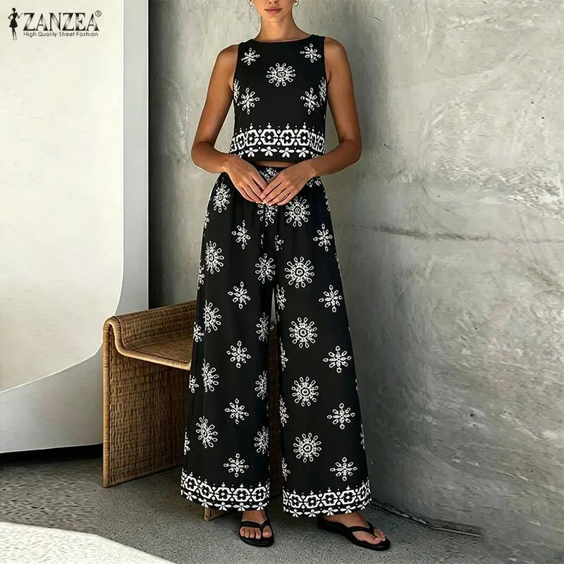 ZANZEA Fashion Summer Sleeveless Tanks Tops Pant Sets Stylish Women Matching Sets Bohemain Printed Tracksuit 2PCS Holiday Outfit
