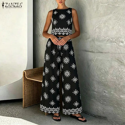 ZANZEA Fashion Summer Sleeveless Tanks Tops Pant Sets Stylish Women Matching Sets Bohemain Printed Tracksuit 2PCS Holiday Outfit