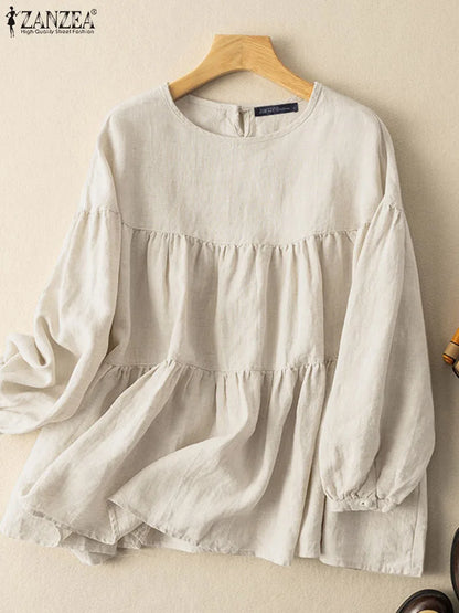 ZANZEA Summer Woman Breathable Cotton Blouses Long Sleeves O-Neck Tiered Tops Solid Color Casual Loose Blusas de Mujer 2026