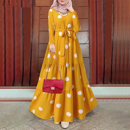 Women dress Eid Muslim Abaya Long Sleeve O Neck Dubai Abayas Ramadan Morocco Spliced Print Belt Long Robe Kaftan Casual Loose