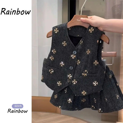 Kids Girls Elegant 2-Piece Set Dark Gray V-Neck Vest with Gold Sequin Flower Embroidery + Matching Skirt Fall/spring Outfit Girl