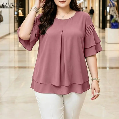 ZANZEA Women Blouse Elegant Ruffle Half Sleeve Casual Pleated O Neck Solid Loose OL Work Tunic Tops Blusas Streetwear Oversize