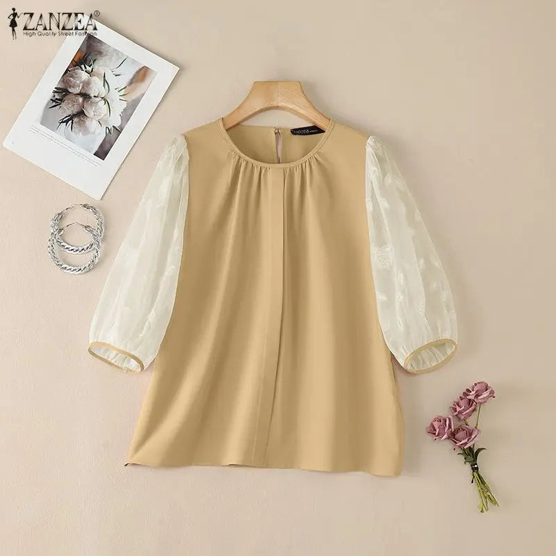 ZANZEA Sophisticated Elegant Floral Fil Coupe Patchwork 3/4 Sleeve Blouses Women Gathered O-Neck Top Solid Color Blusas de Mujer