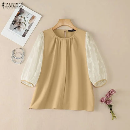 ZANZEA Sophisticated Elegant Floral Fil Coupe Patchwork 3/4 Sleeve Blouses Women Gathered O-Neck Top Solid Color Blusas de Mujer