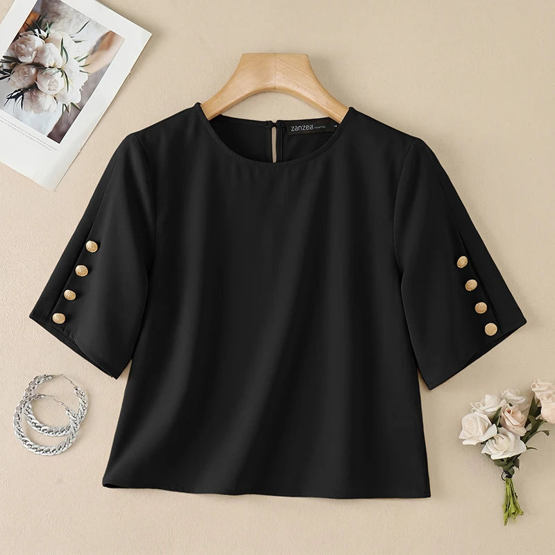 ZANZEA Women's Minimalist Fashion Blouses Elegant O-Neck Buttons Detailed Half Sleeves Solid Tops Summer Loose Blusas de Mujer