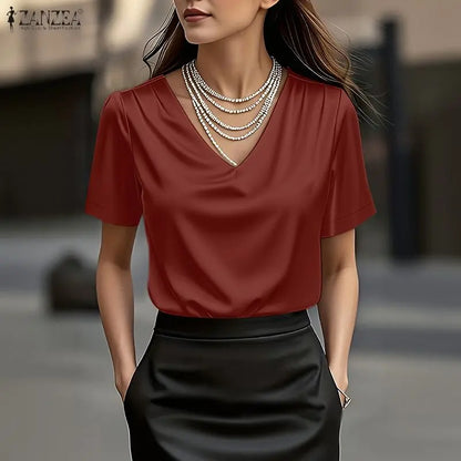 ZANZEA Women's Elegant Chic Satin Silk Blouses V-Neck Short Sleeve Pleated Detail Pullover Tops Minimalist Solid Blusas de Mujer