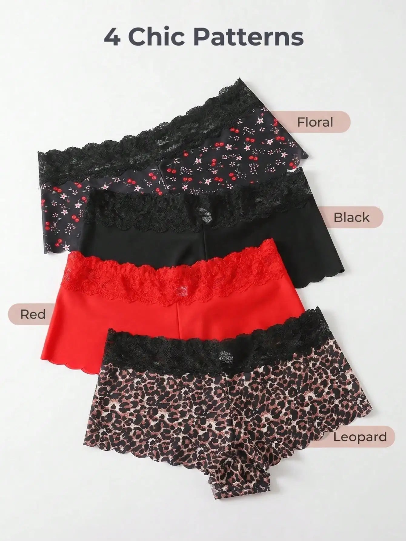 4PCS Women Lace Waist Boxer Panties, Mixed Print & Solid Color Scalloped Edge Briefs, Smooth Silky Fabric Daily Basic Ladies Und