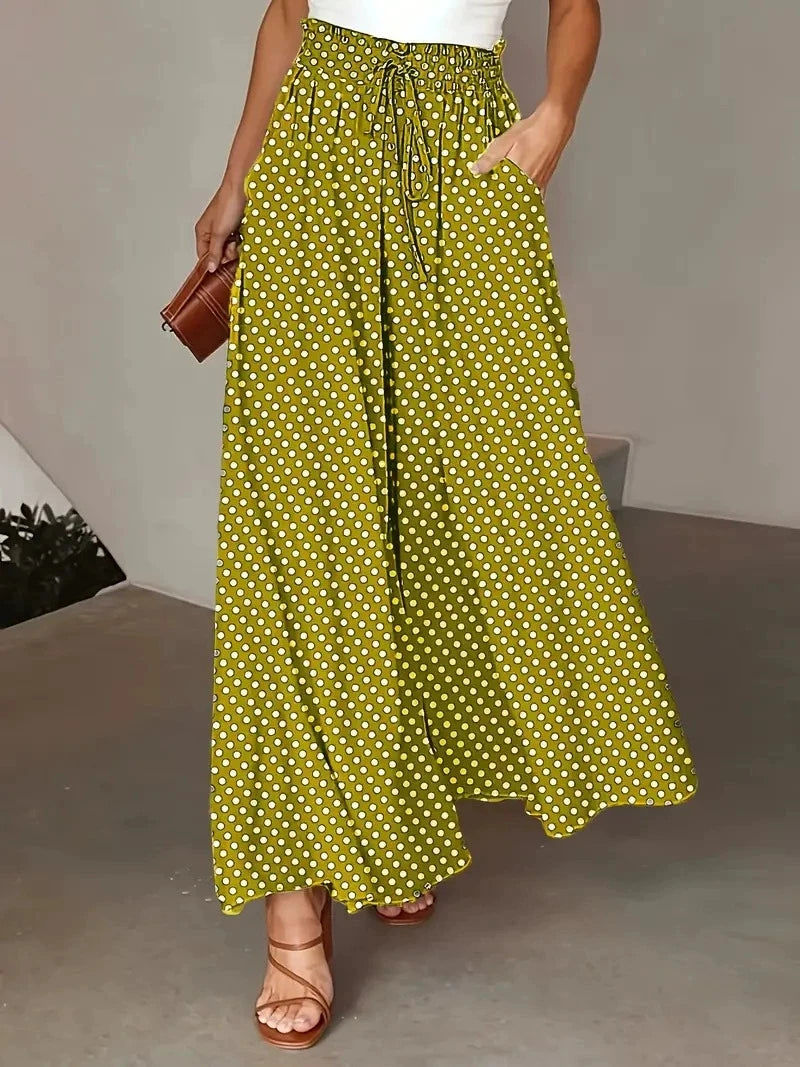 2025 Spring/Summer Bohemian Wide-Leg Pants with Elastic Waist and Polka Dot Print Long Skirt Pants for Women