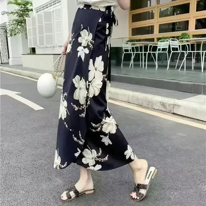 Summer Beach Floral Skirt for Women Cotton High Waist Wrap Maxi Skirt Long with Side Slit & Tie Detail Boho Style Design