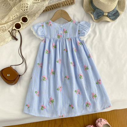 Girl Casual Dress New Fashion Flower Embroidered Striped Flying Sleeve Dress Girls Sweete Vestidos Kids Clothes